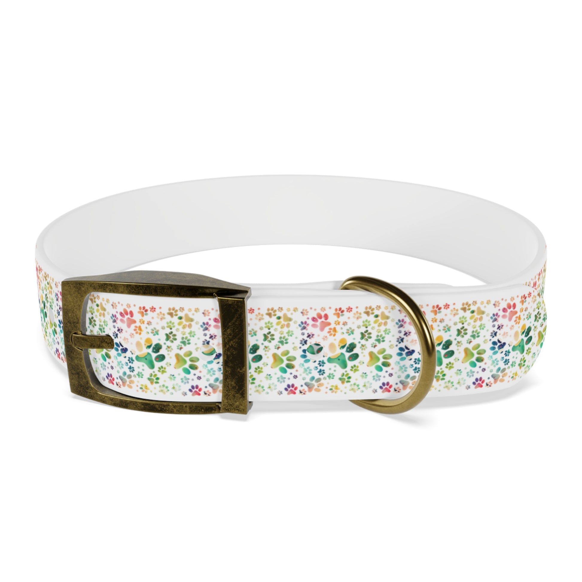Dog Collar| Collar with  Colorful Paw Prints on White Background| Odor-proof and Stain-Resistant| Rainbow-Splash front brass buckle