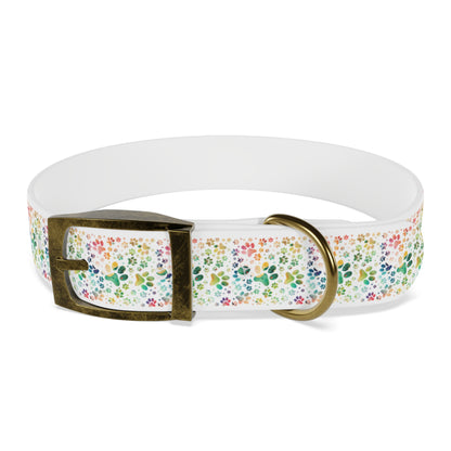 Dog Collar| Collar with  Colorful Paw Prints on White Background| Odor-proof and Stain-Resistant| Rainbow-Splash front brass buckle