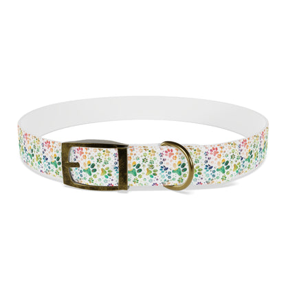 Dog Collar| Collar with  Colorful Paw Prints on White Background| Odor-proof and Stain-Resistant| Rainbow-Splash front brass buckle 2