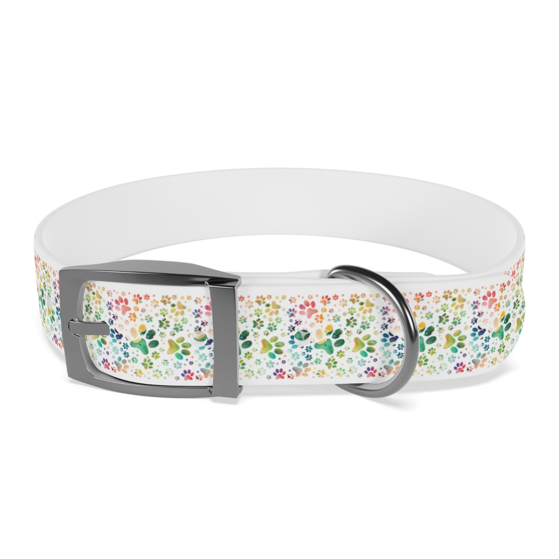 Dog Collar| Collar with  Colorful Paw Prints on White Background| Odor-proof and Stain-Resistant| Rainbow-Splash front silver buckle