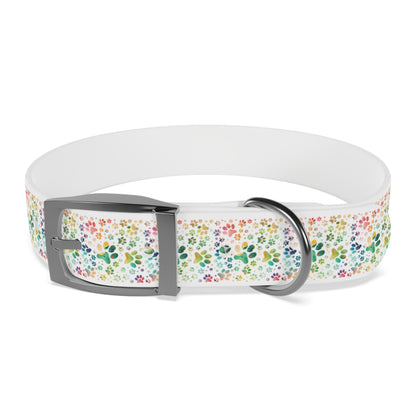 Dog Collar| Collar with  Colorful Paw Prints on White Background| Odor-proof and Stain-Resistant| Rainbow-Splash front silver buckle