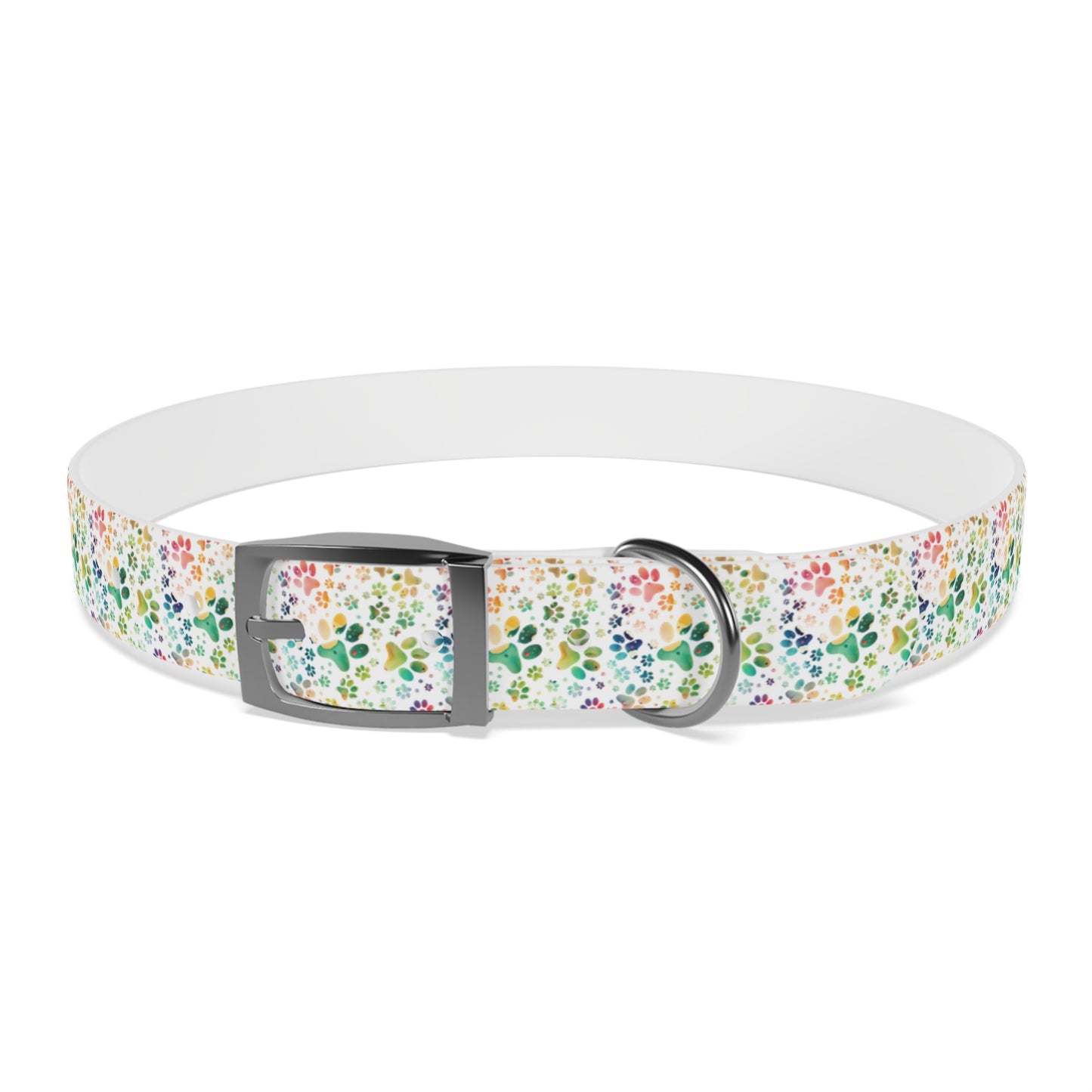 Dog Collar| Collar with  Colorful Paw Prints on White Background| Odor-proof and Stain-Resistant| Rainbow-Splash front silver buckle 1