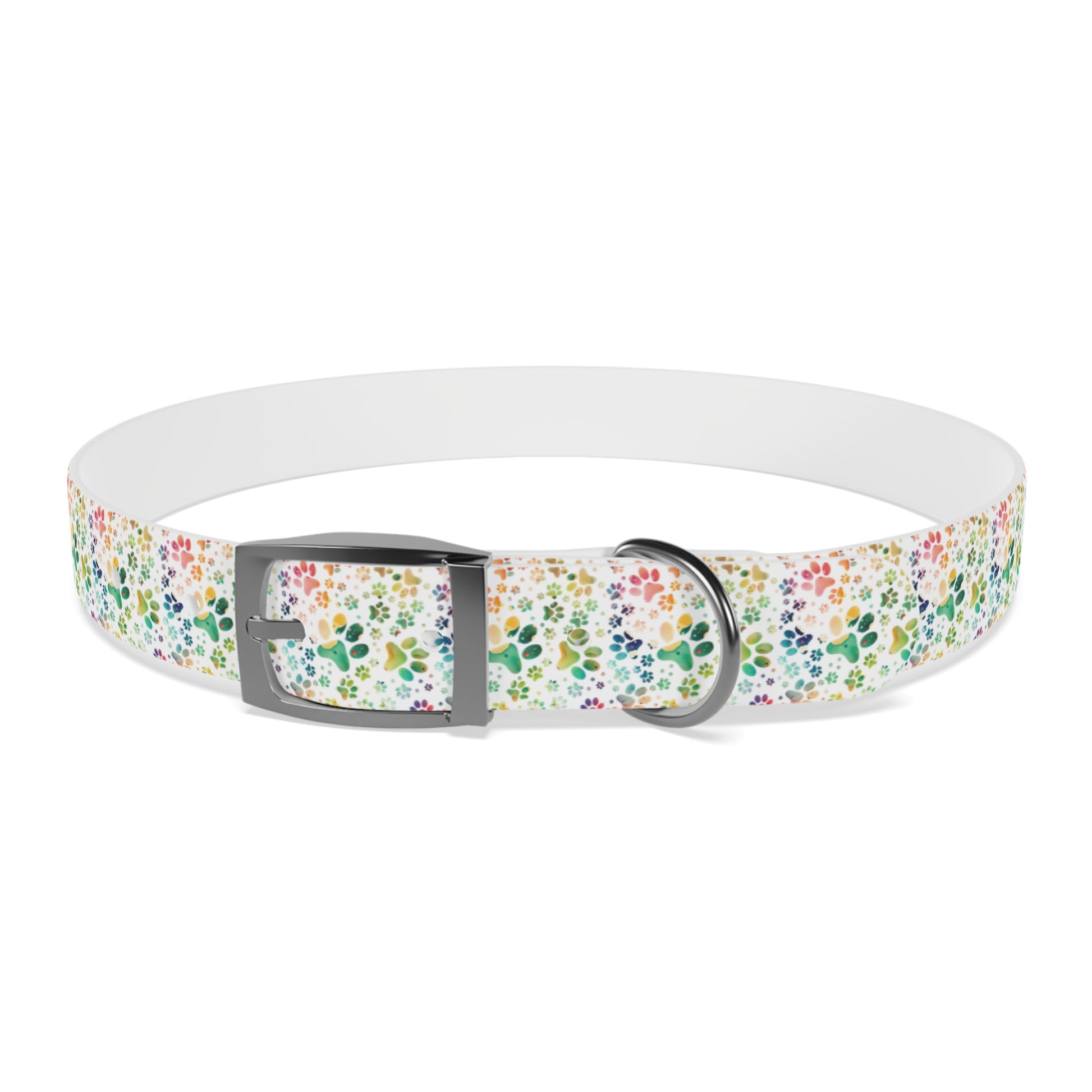 Dog Collar| Collar with  Colorful Paw Prints on White Background| Odor-proof and Stain-Resistant| Rainbow-Splash front silver buckle 1