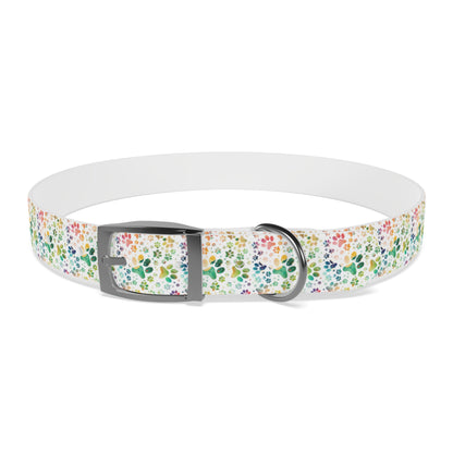 Dog Collar| Collar with  Colorful Paw Prints on White Background| Odor-proof and Stain-Resistant| Rainbow-Splash front silver buckle 1