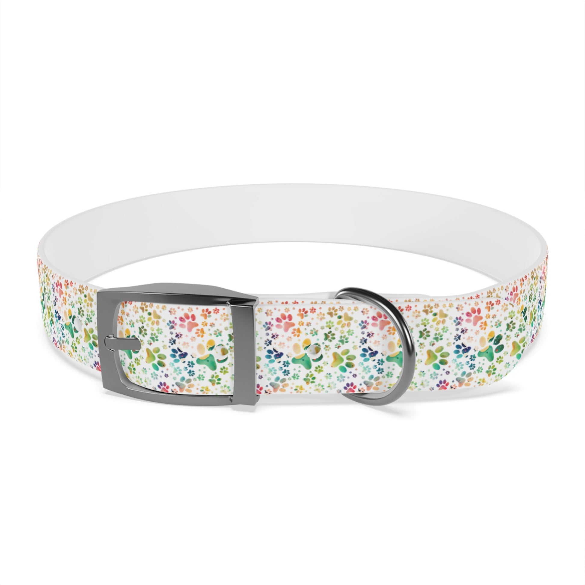 Dog Collar| Collar with  Colorful Paw Prints on White Background| Odor-proof and Stain-Resistant| Rainbow-Splash front silver buckle 2