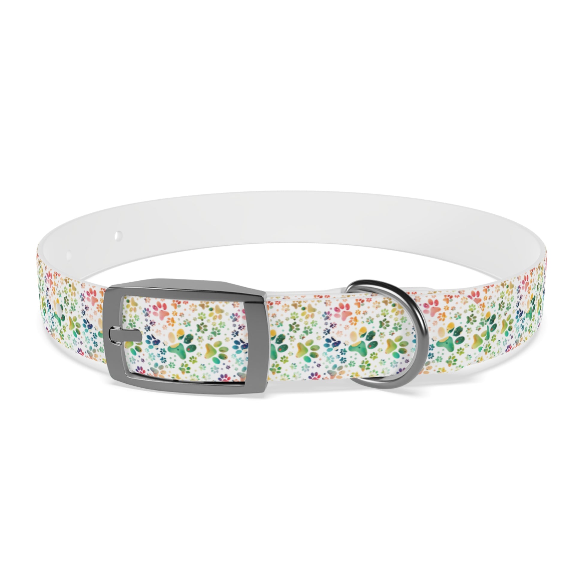 Dog Collar| Collar with  Colorful Paw Prints on White Background| Odor-proof and Stain-Resistant| Rainbow-Splash front silver buckle 3
