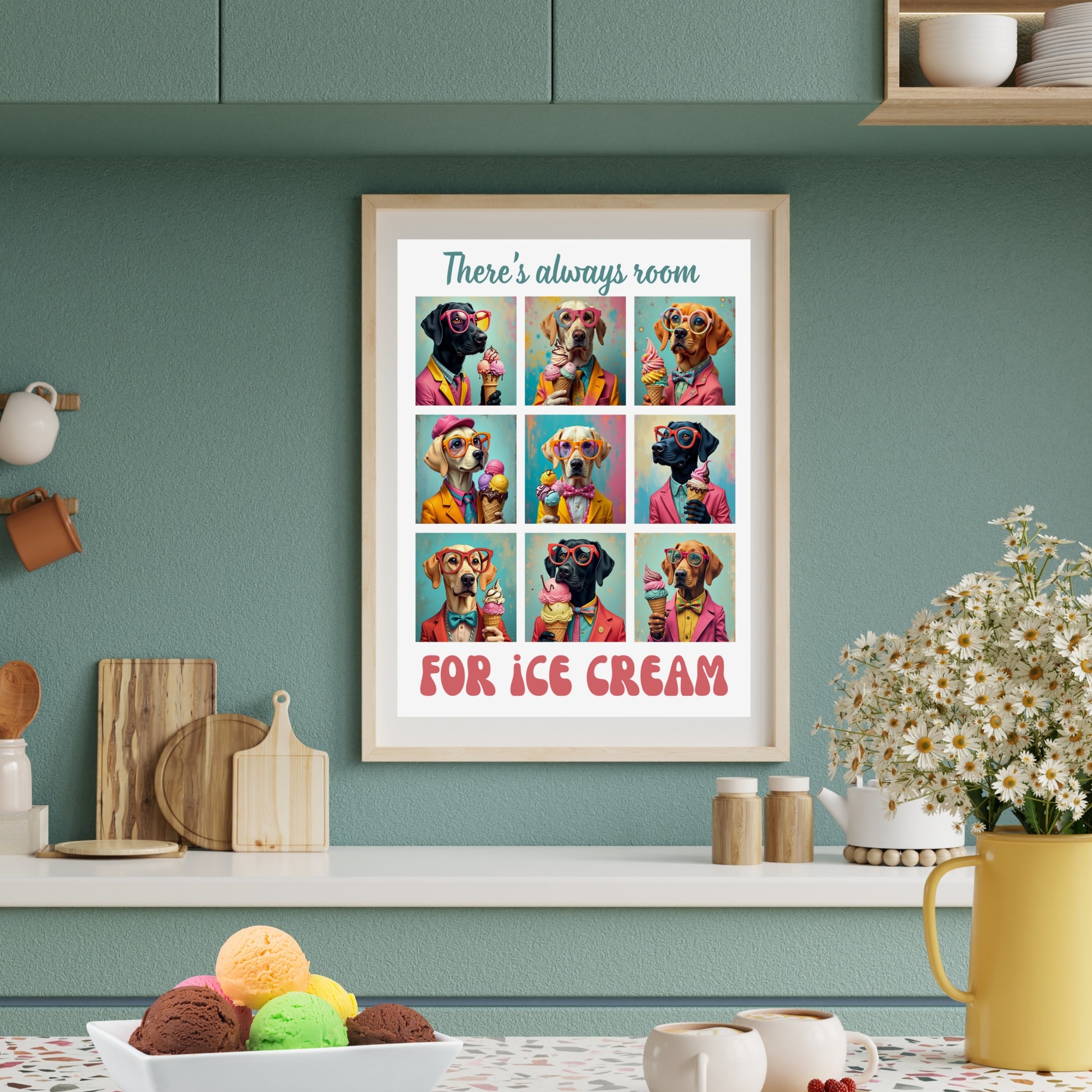 Framed artwork with colorful dogs wearing glasses eating ice cream, funny retro vibe illustrations and text, 'there's always room for ice cream' in a kitchen setting.