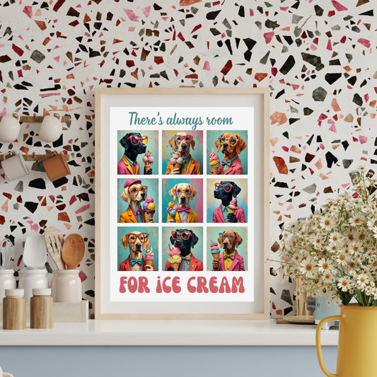 Framed artwork with colorful dogs in glasses eating ice cream, funny retro vibe illustrations and text, 'there's always room for ice cream' on a decorative kitchen wall. 
