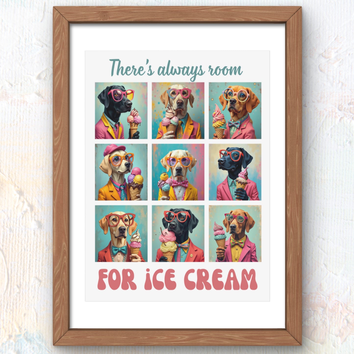 Framed artwork with a collage of dogs wearing glasses and eating ice cream and text 'There's always room for ice cream' on a light background.