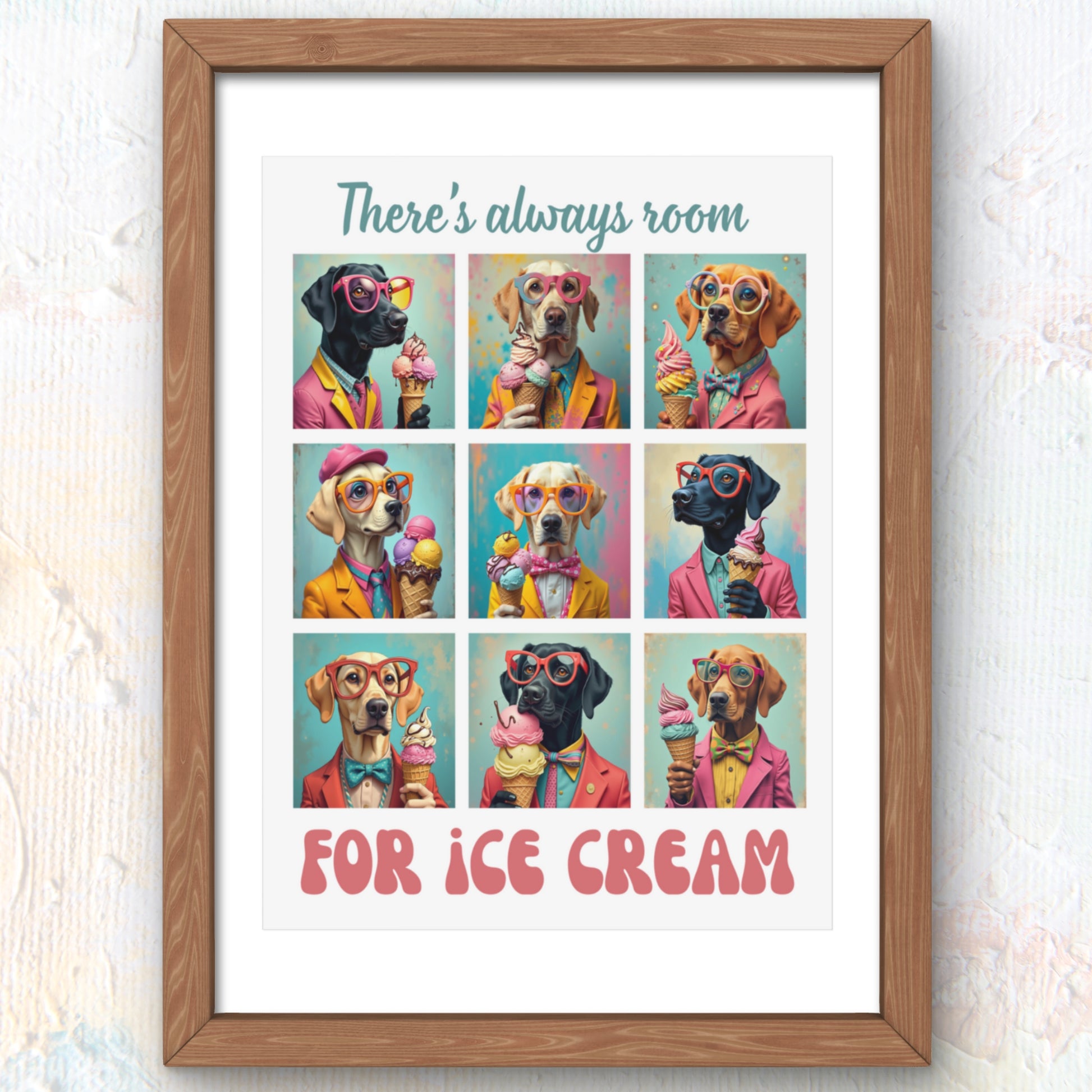 Framed artwork with a collage of dogs wearing glasses and eating ice cream and text 'There's always room for ice cream' on a light background.