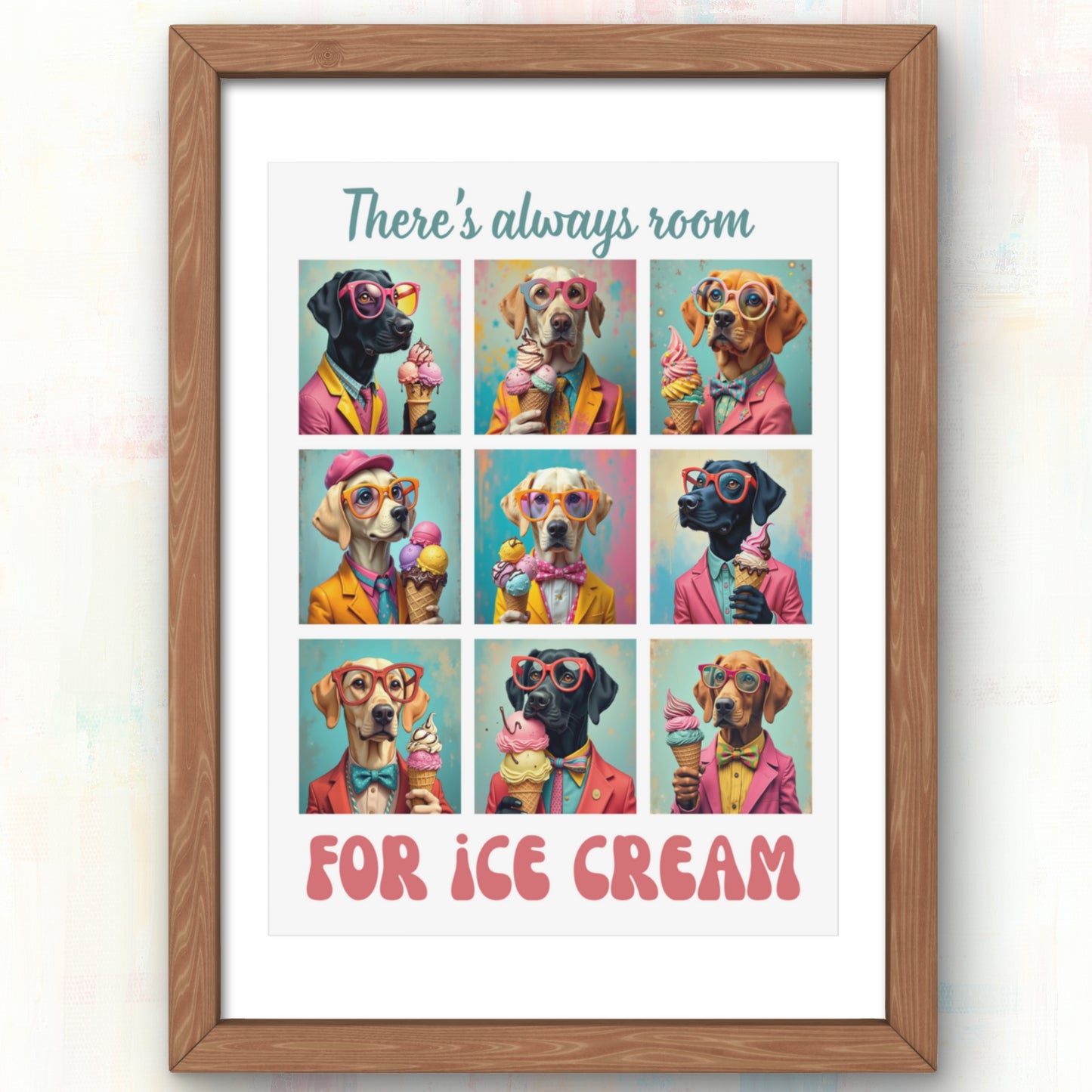 Framed artwork with a collage of dogs wearing colorful outfits and sunglasses, holding ice cream cones, with text 'There's always room for ice cream' on a light background.