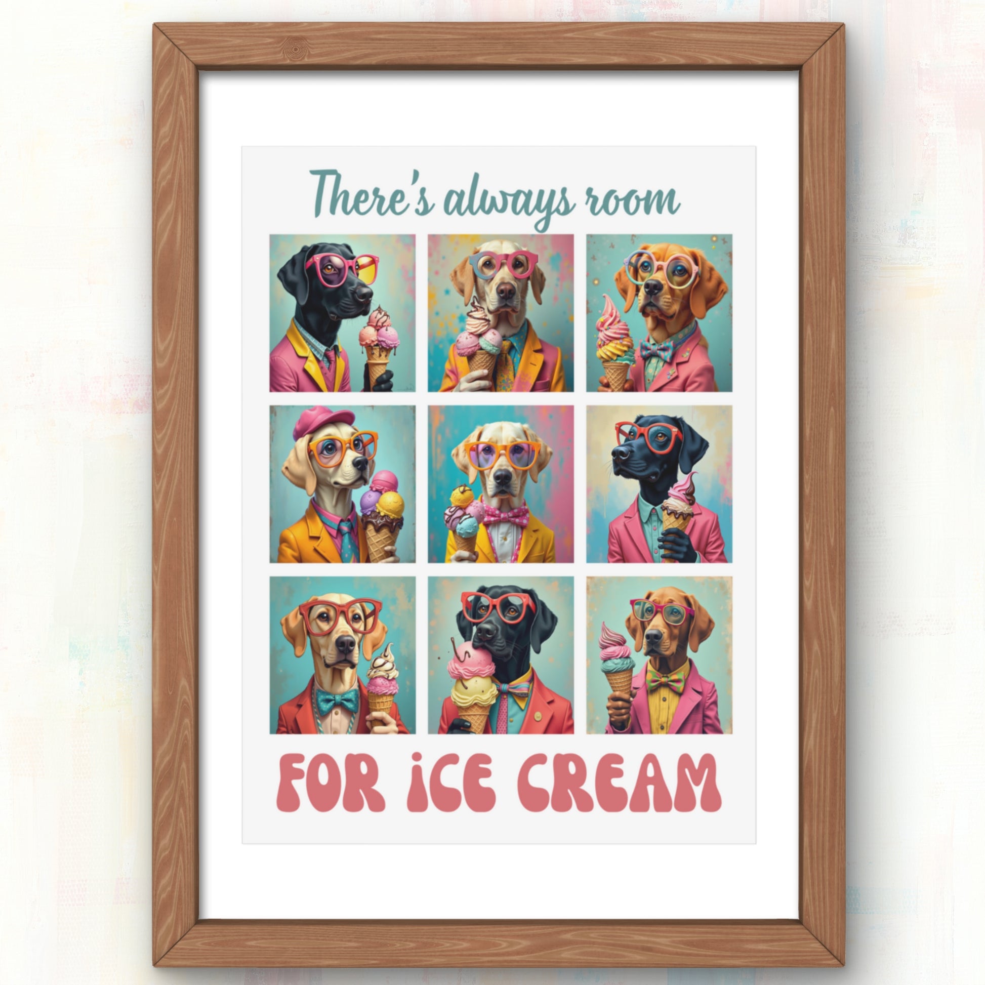 Framed artwork with a collage of dogs wearing colorful outfits and sunglasses, holding ice cream cones, with text 'There's always room for ice cream' on a light background.