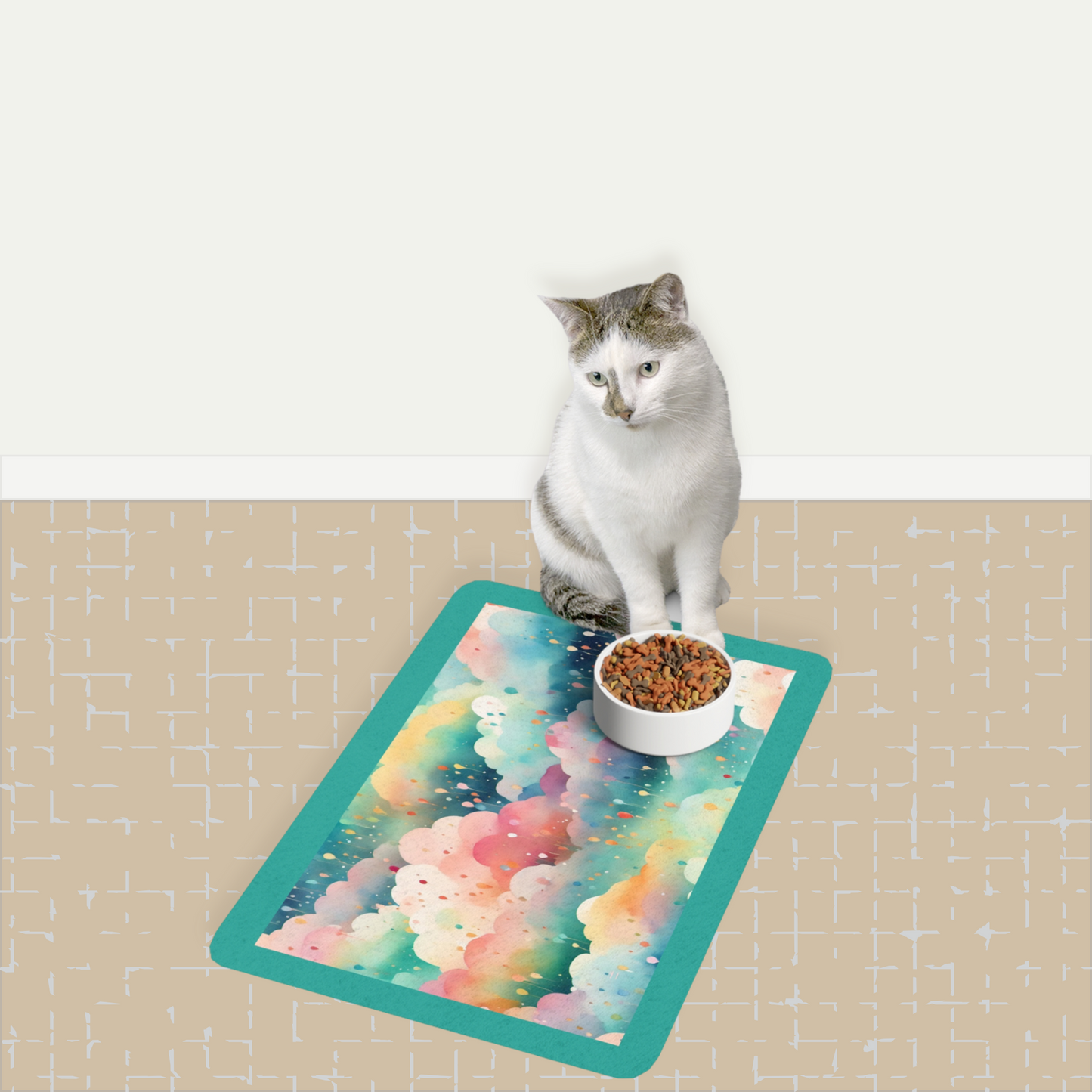 Dreamy teal pet food mat on a tiled floor with a cat on the mat.