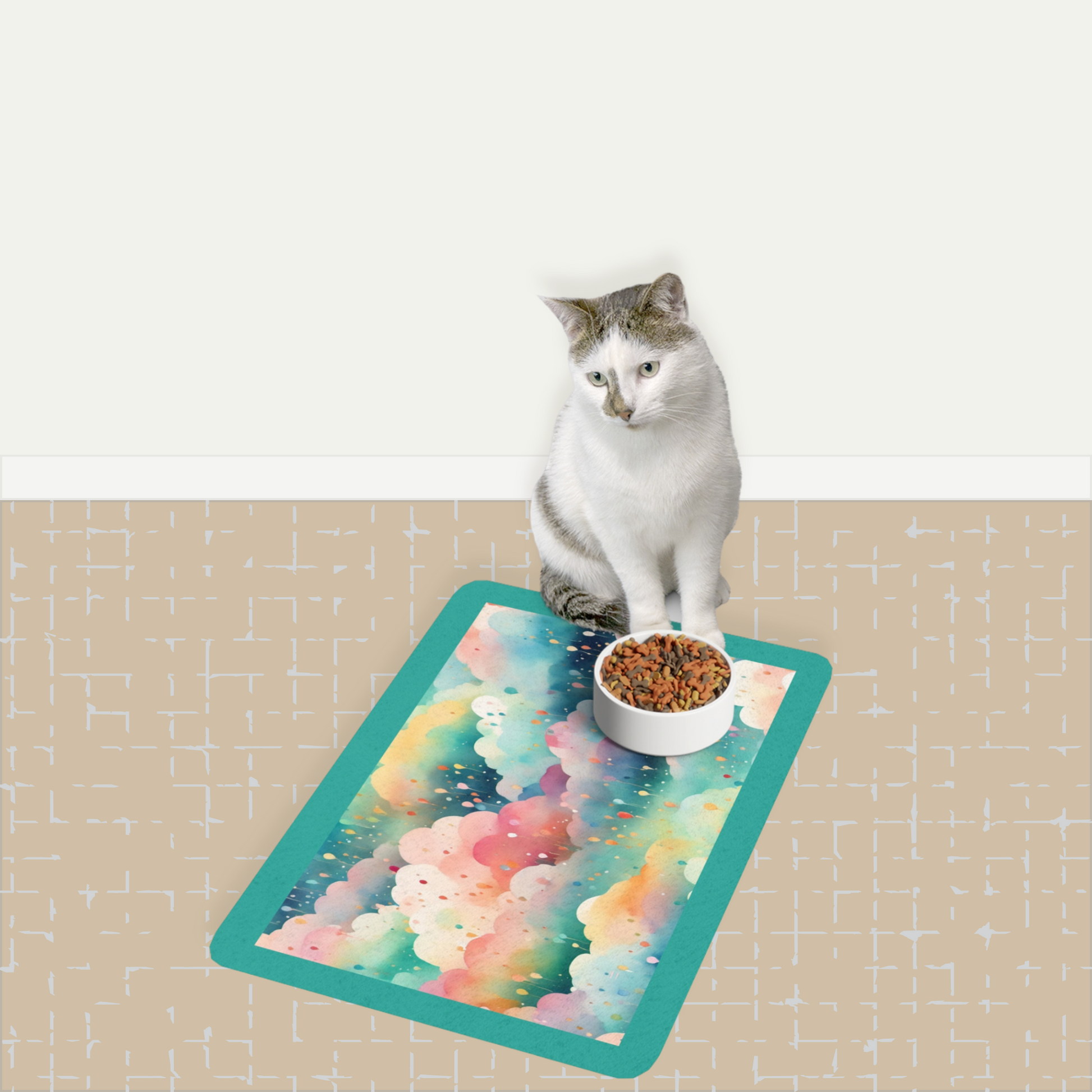 Dreamy teal pet food mat on a tiled floor with a cat on the mat.