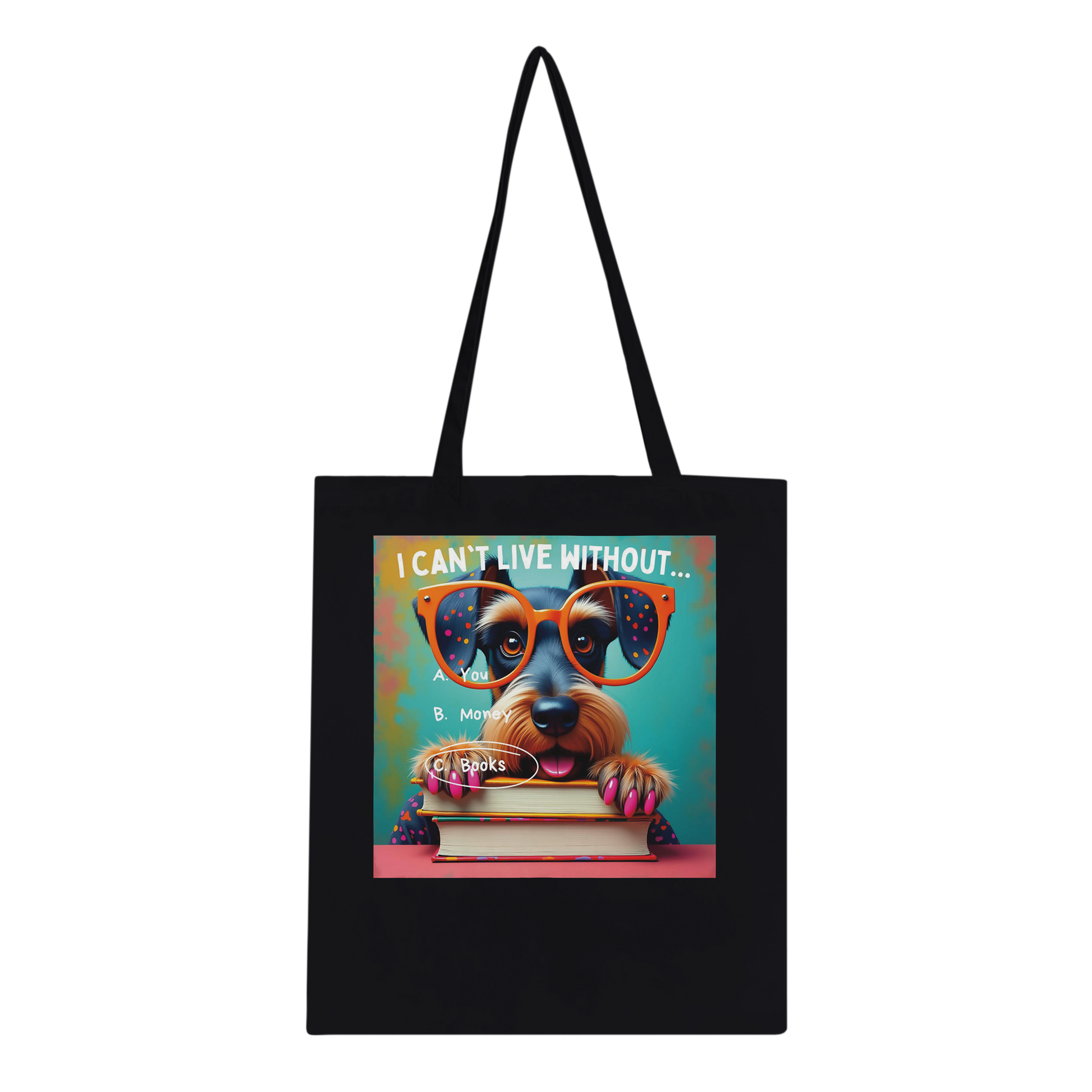 Durable Book Tote Bag with Captivating Design – Perfect for Book Lovers & Reading Enthusiasts Black bag with Schnauzer and books