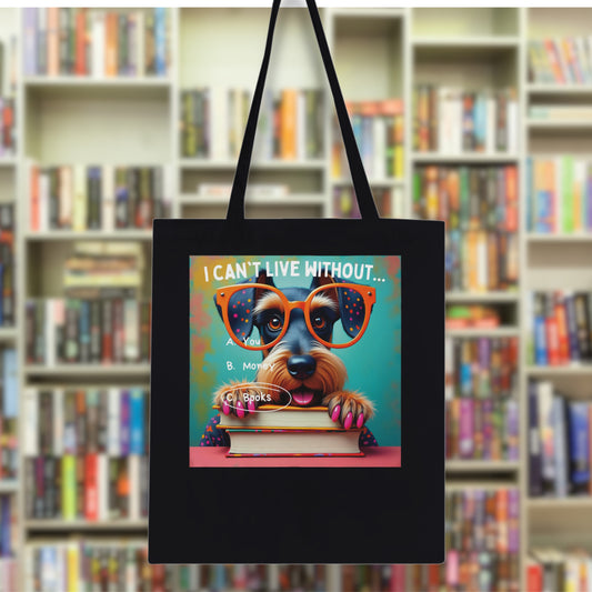 Durable Book Tote Bag with Captivating Design, Perfect for Black bag with Schnauzer in the background is a bookshelf with books