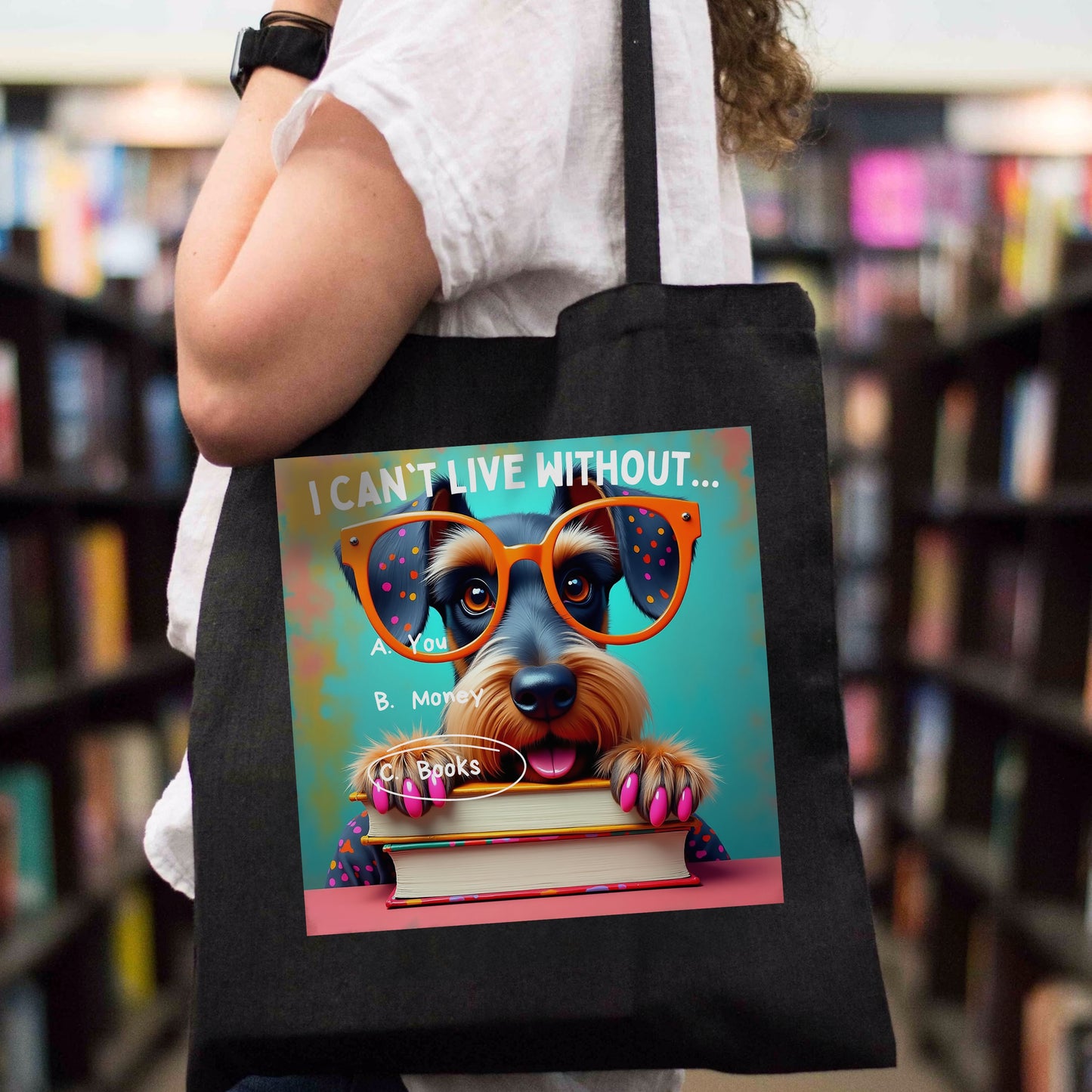 woman carrying a Durable Book Tote Bag with Captivating Design, Perfect for Black bag with Schnauzer in the background is a bookstore