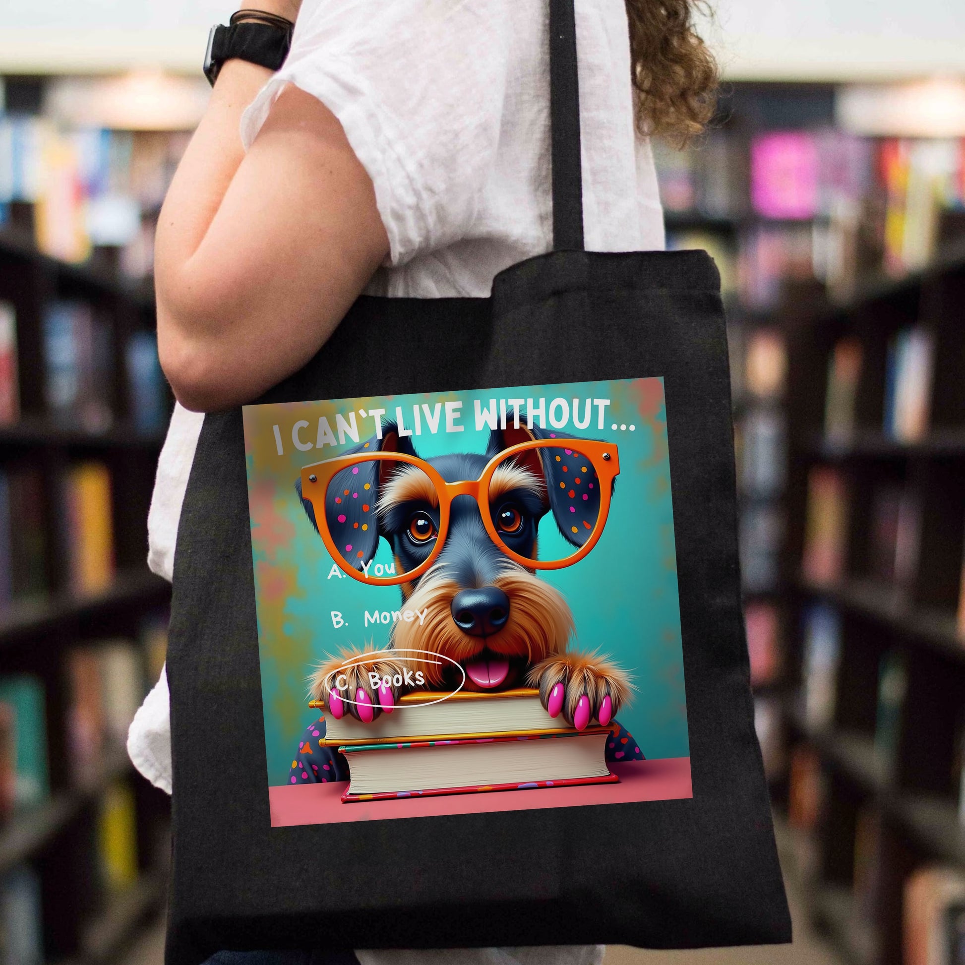 woman carrying a Durable Book Tote Bag with Captivating Design, Perfect for Black bag with Schnauzer in the background is a bookstore