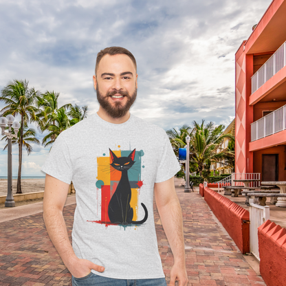 Elegant Cotton Tee with Mid-Century Modern Black Cat Ash Grey context