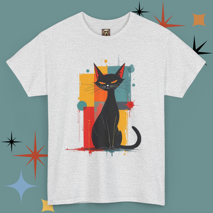 Elegant Cotton Tee with Mid-Century Modern Black Cat  Ash Grey