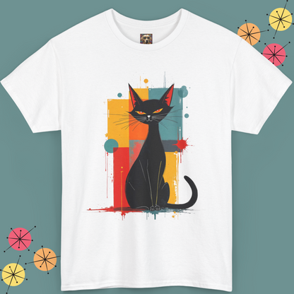 Elegant Cotton Tee with Mid-Century Modern Black Cat white