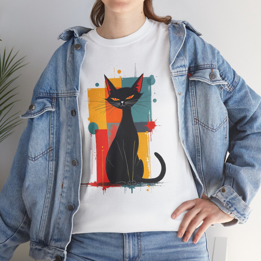 Elegant Cotton Tee with Mid-Century Modern Black Cat  white context