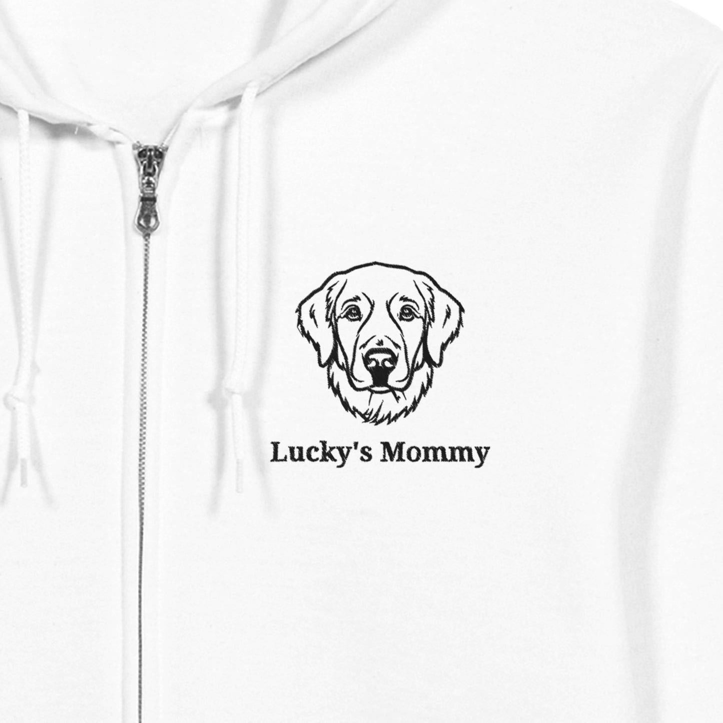 White hoodie with a dog embroidered and 'Lucky's Mommy' text embroidered on a white sweatshirt shown close up 