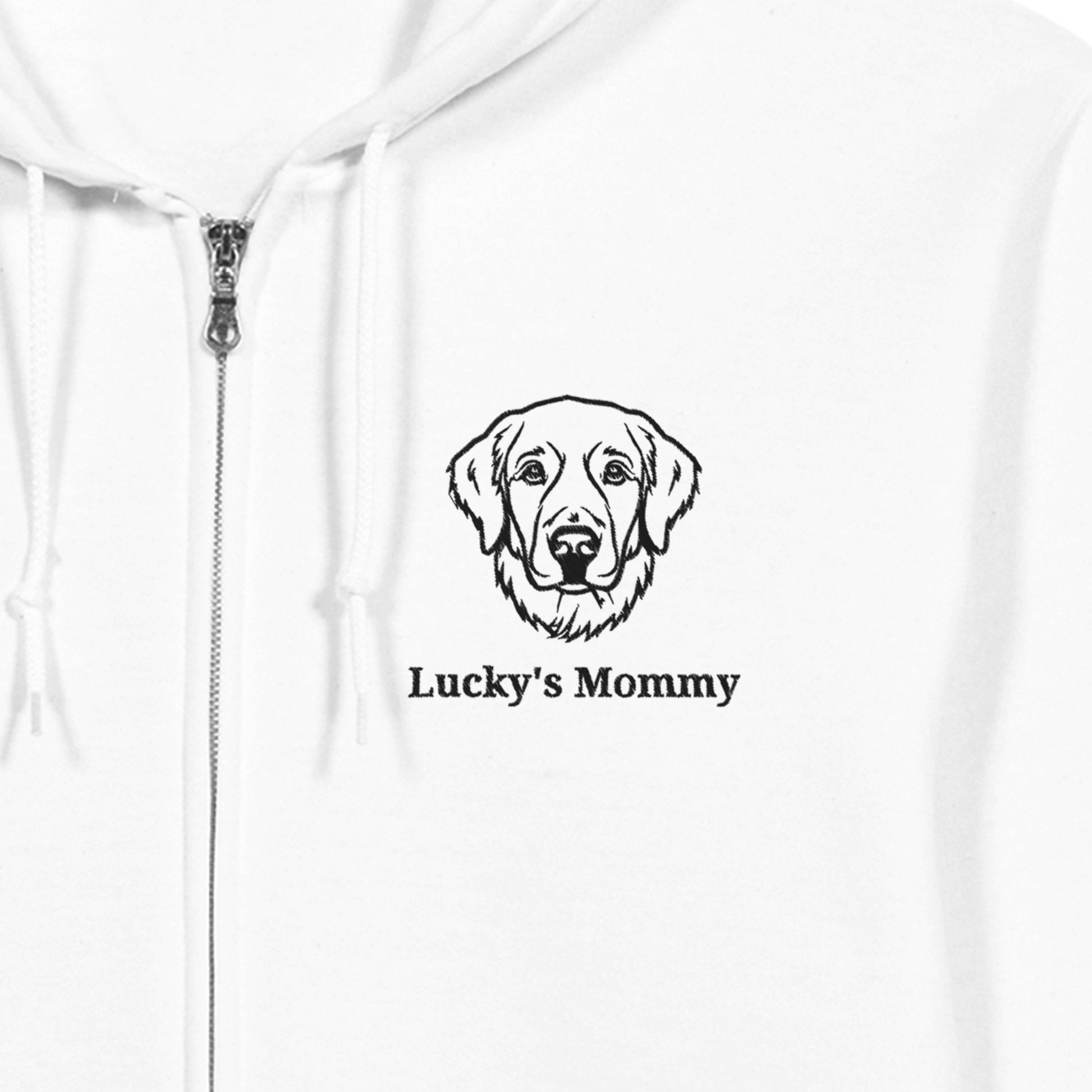 White hoodie with a dog embroidered and 'Lucky's Mommy' text embroidered on a white sweatshirt shown close up 