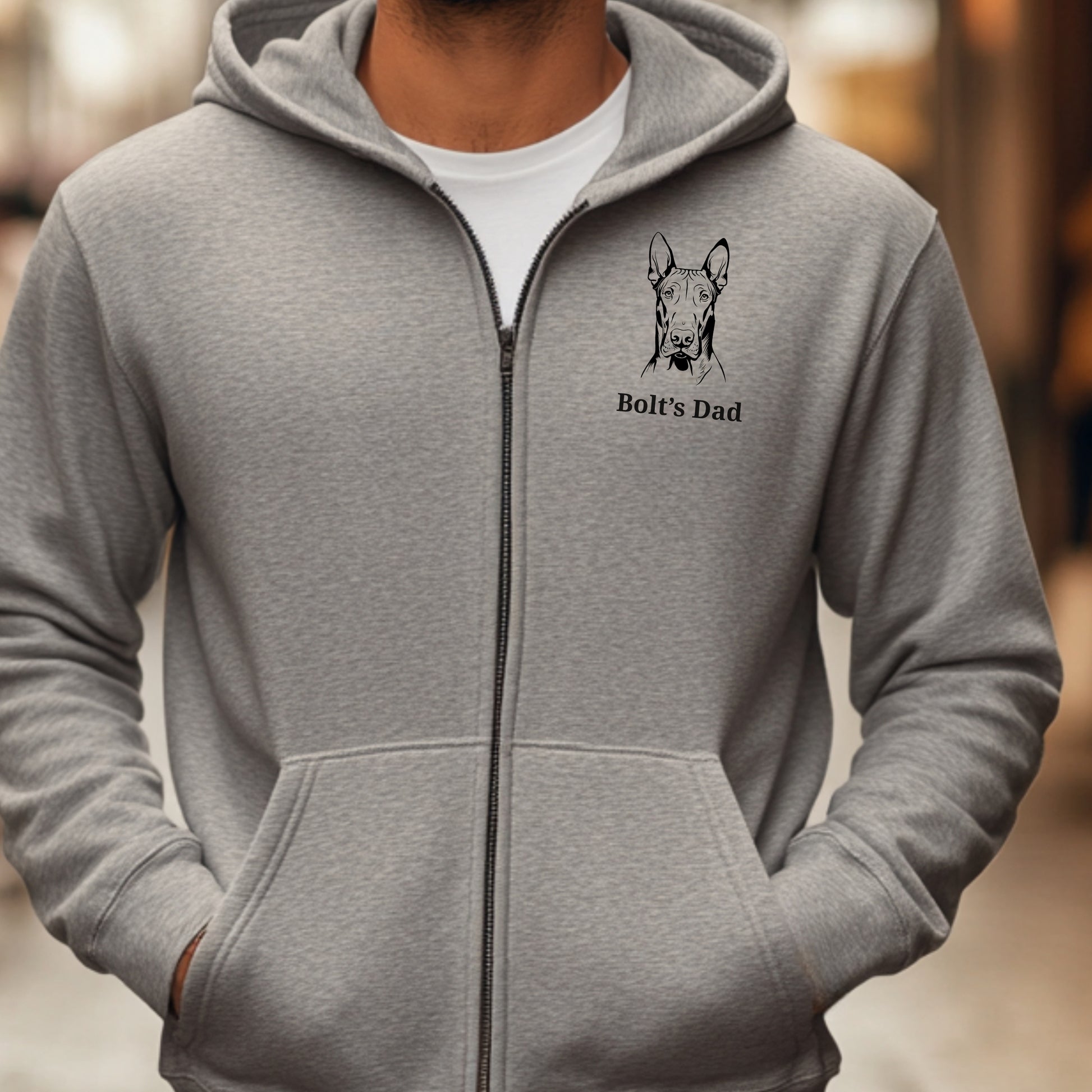 Embroidered Classic Zip Hoodie| Personalize Dog Breed and Name male model sport grey