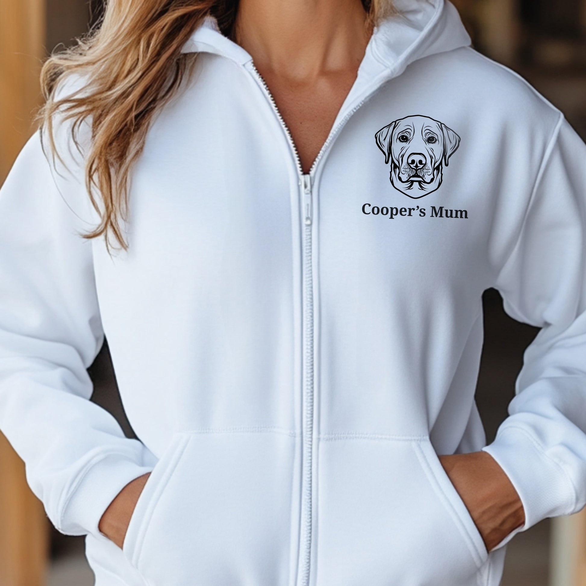 Embroidered Classic Zip Hoodie| Personalize Dog Breed and Name context detail close up female model white shirt