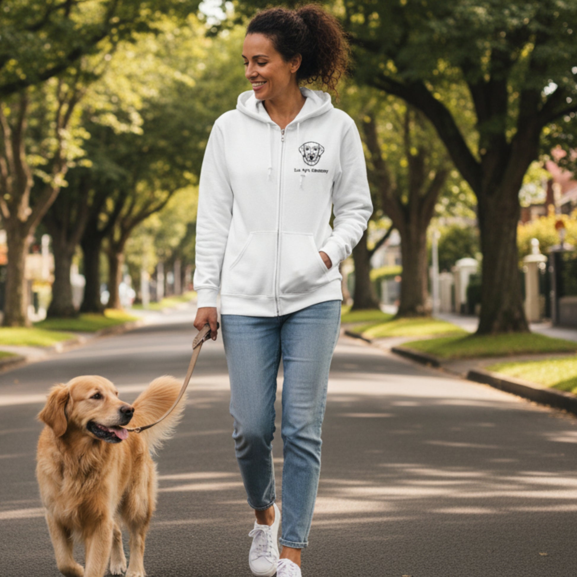 Woman wearing classic zip front hoodie in white with personalised embroidery of her dog and dog's name is walking her Golden Retriever in a quiet tree lined neighbourhood.