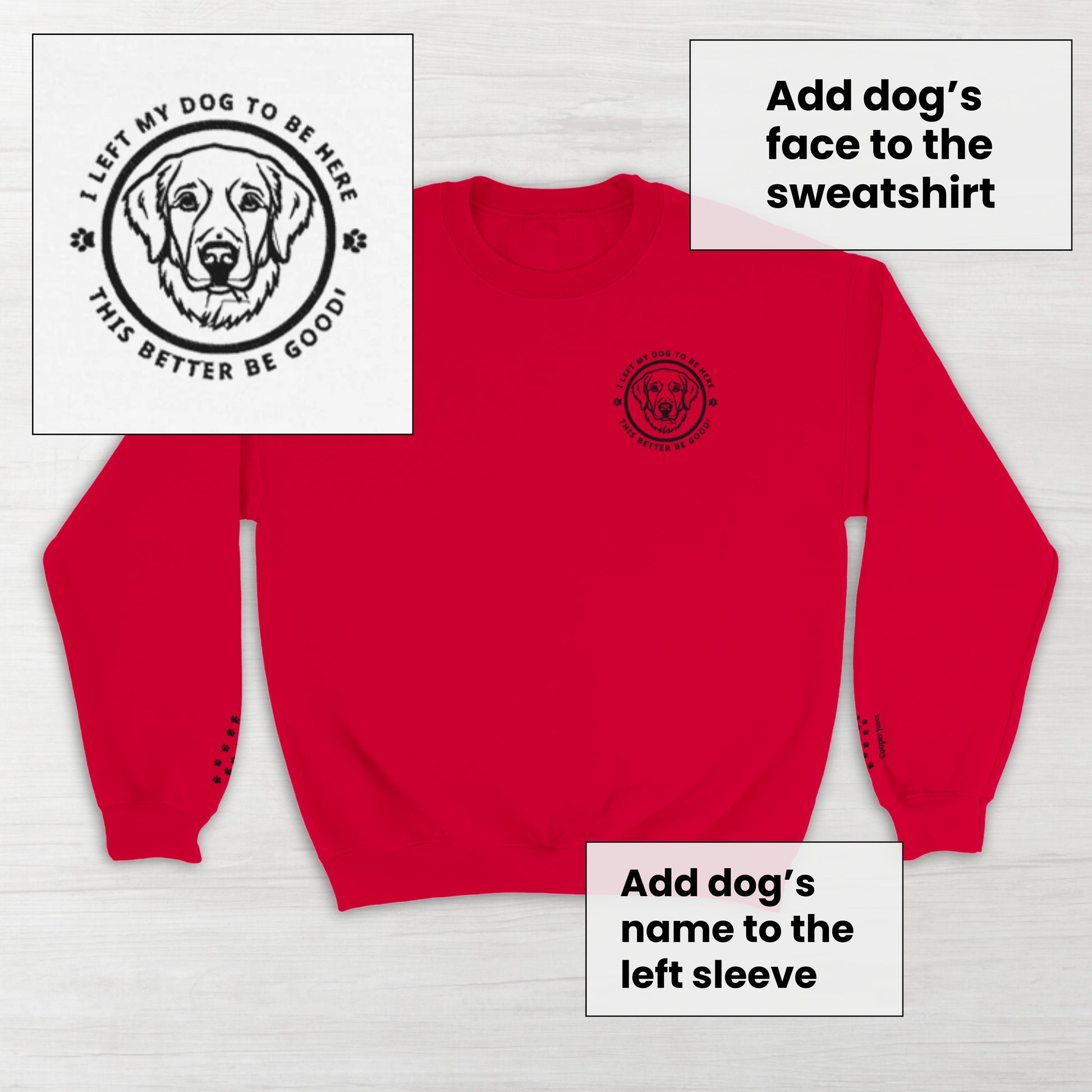 Red  sweatshirt with a circular embroidery design featuring a custom dog's head and custom name on a light gray background.