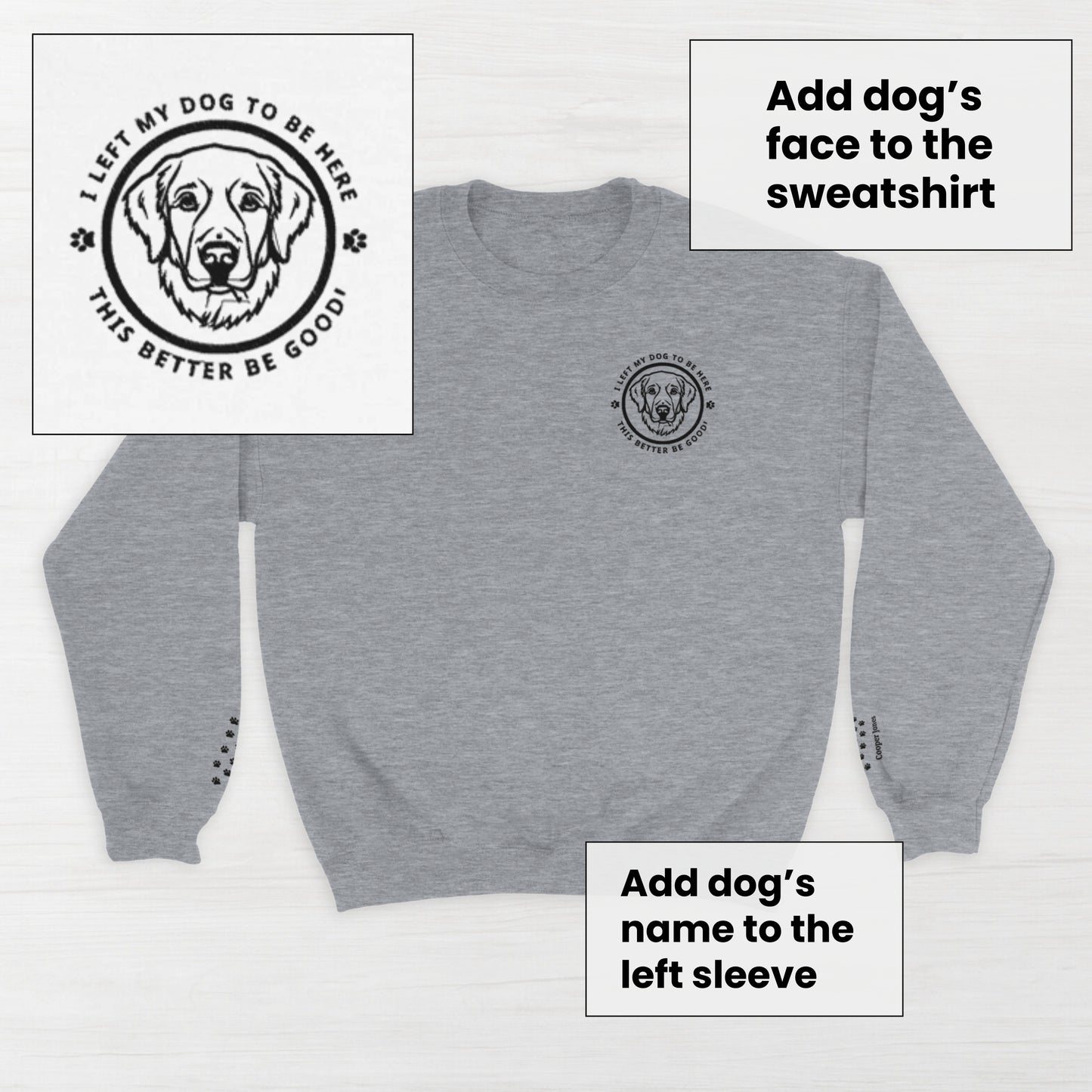Sport Grey  sweatshirt with a circular embroidery design featuring a custom dog's breed head and custom dog's name text on a light wooden background.There's little paw prints on the sleeves.