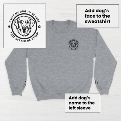 Sport Grey  sweatshirt with a circular embroidery design featuring a custom dog's breed head and custom dog's name text on a light wooden background.There's little paw prints on the sleeves.