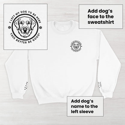 White sweatshirt with a circular embroiderydesign featuring a custom dog's face and custom text on a light gray background.
