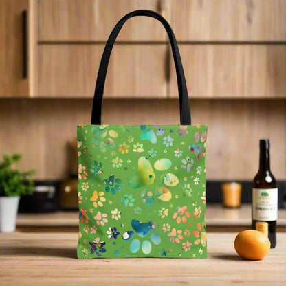 Emerald Green Paw Print Tote Bag with Rainbow of Paw Prints black handle