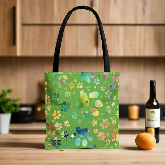 Emerald Green Paw Print Tote Bag with Rainbow of Paw Prints black handle