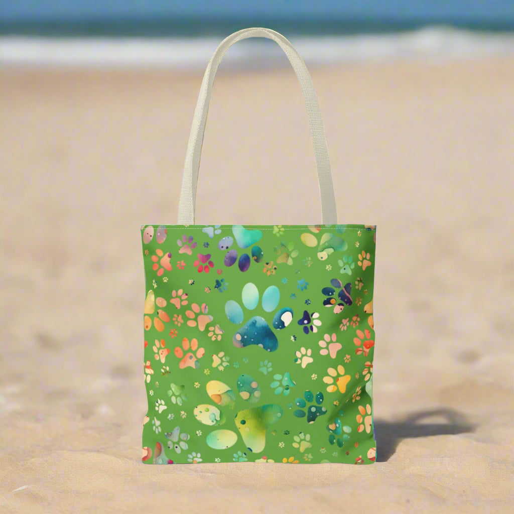 Emerald Green Paw Print Tote Bag with Rainbow of Paw Prints beige handle