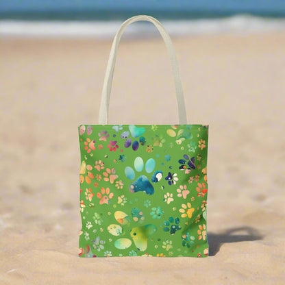 Emerald Green Paw Print Tote Bag with Rainbow of Paw Prints beige handle