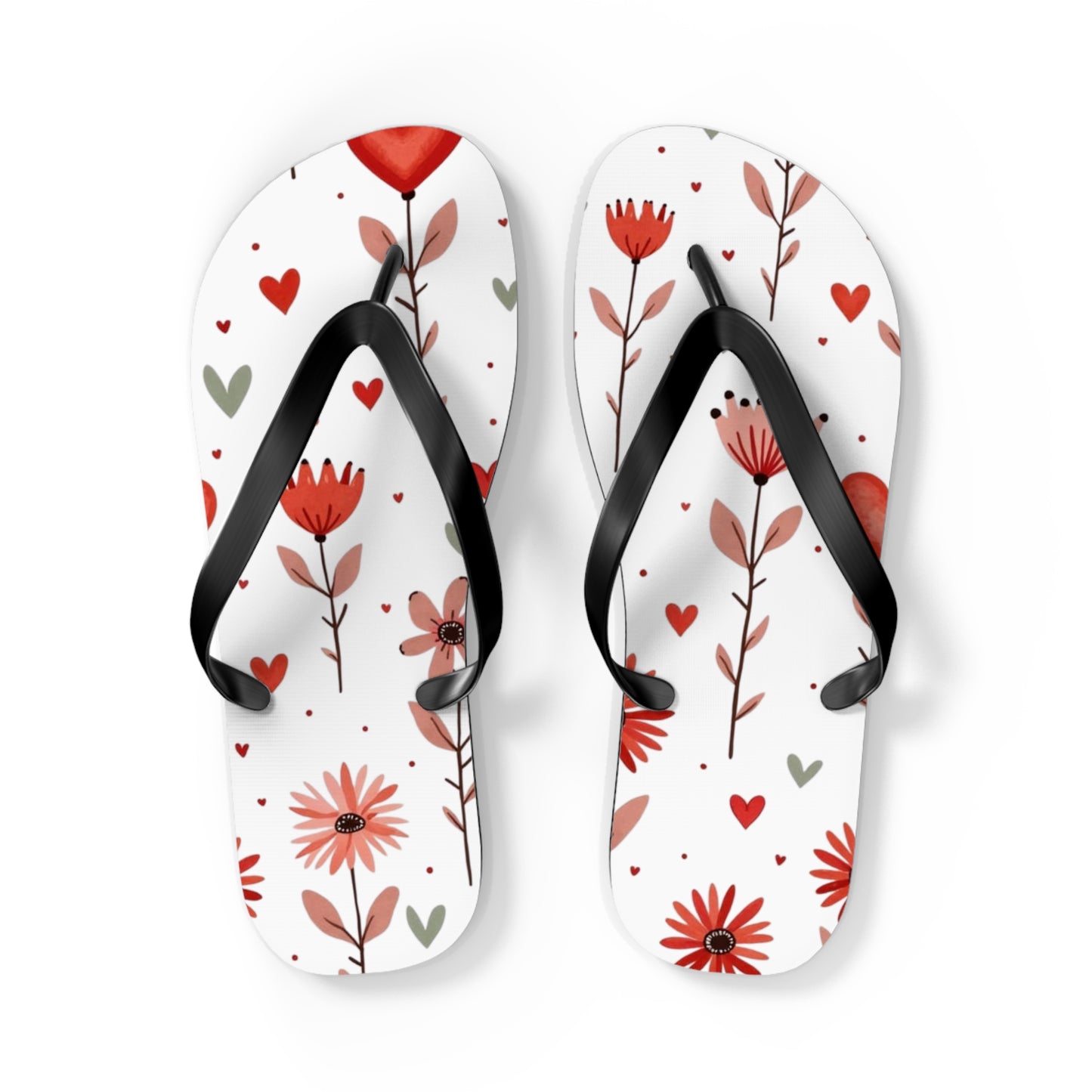 These cushioned Flip Flops have a durable Pink Floral print with hearts. The light weight sandles are shown on a white background. This is the  large size slip-on sandle.