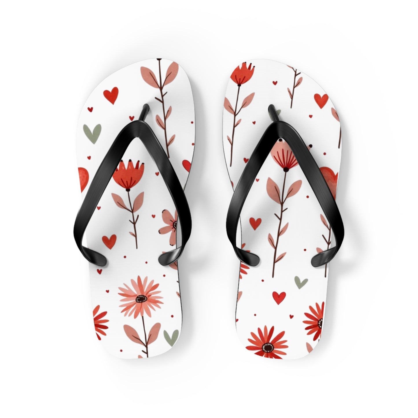 These cushioned Flip Flops have a durable Pink Floral print with hearts. The light weight sandles are shown on a white background. This is the  medium size slip-on sandle.