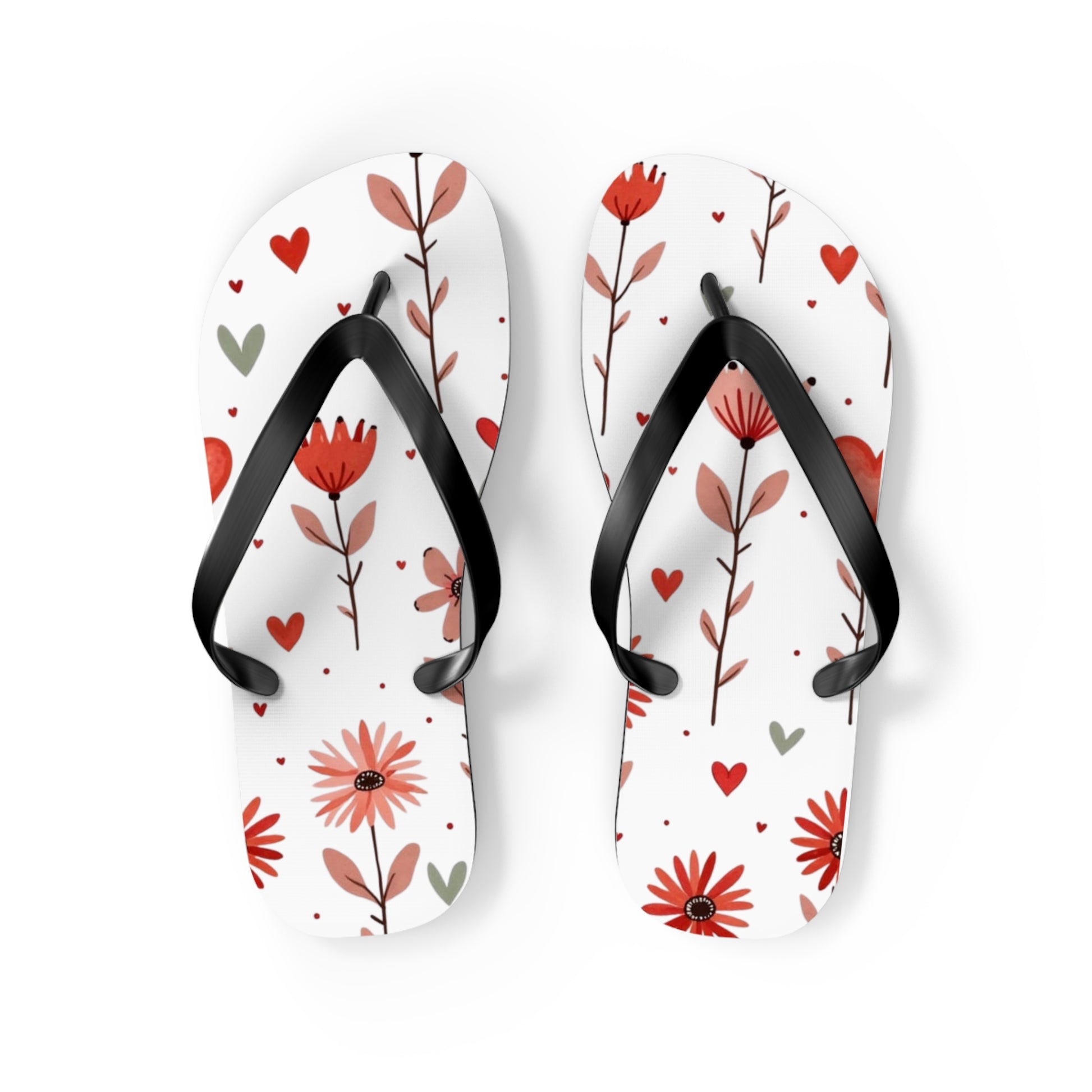 These cushioned Flip Flops have a durable Pink Floral print with hearts. The light weight sandles are shown on a white background. This is the  medium size slip-on sandle.
