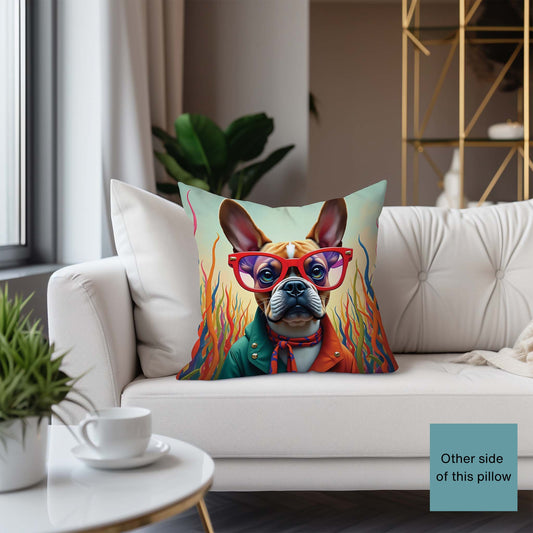French Bulldog wearing glasses Square Accent Pillow, Deep Dark Teal