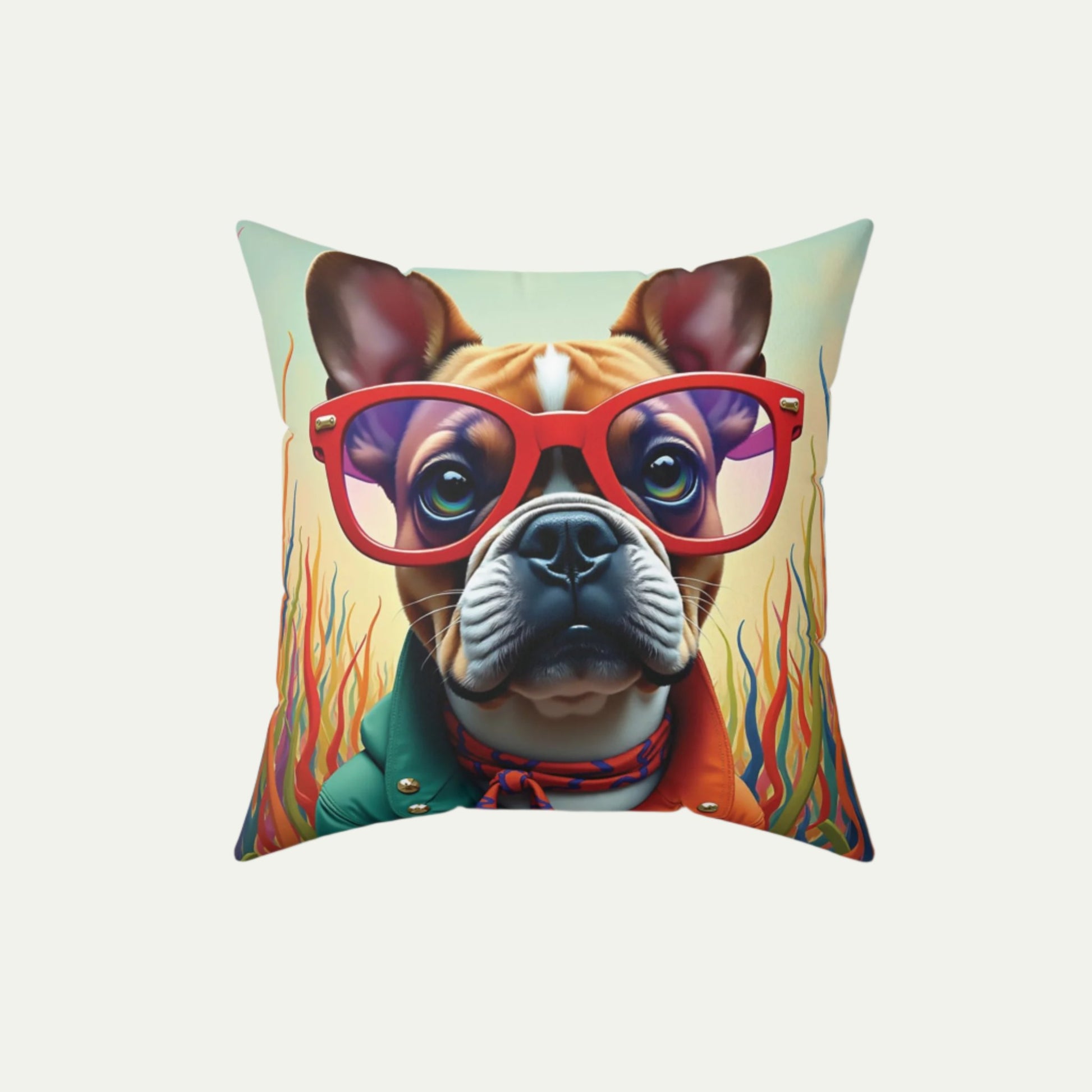 French Bulldog wearing glasses Square Accent Pillow, Deep Dark Teal  16 inch Front