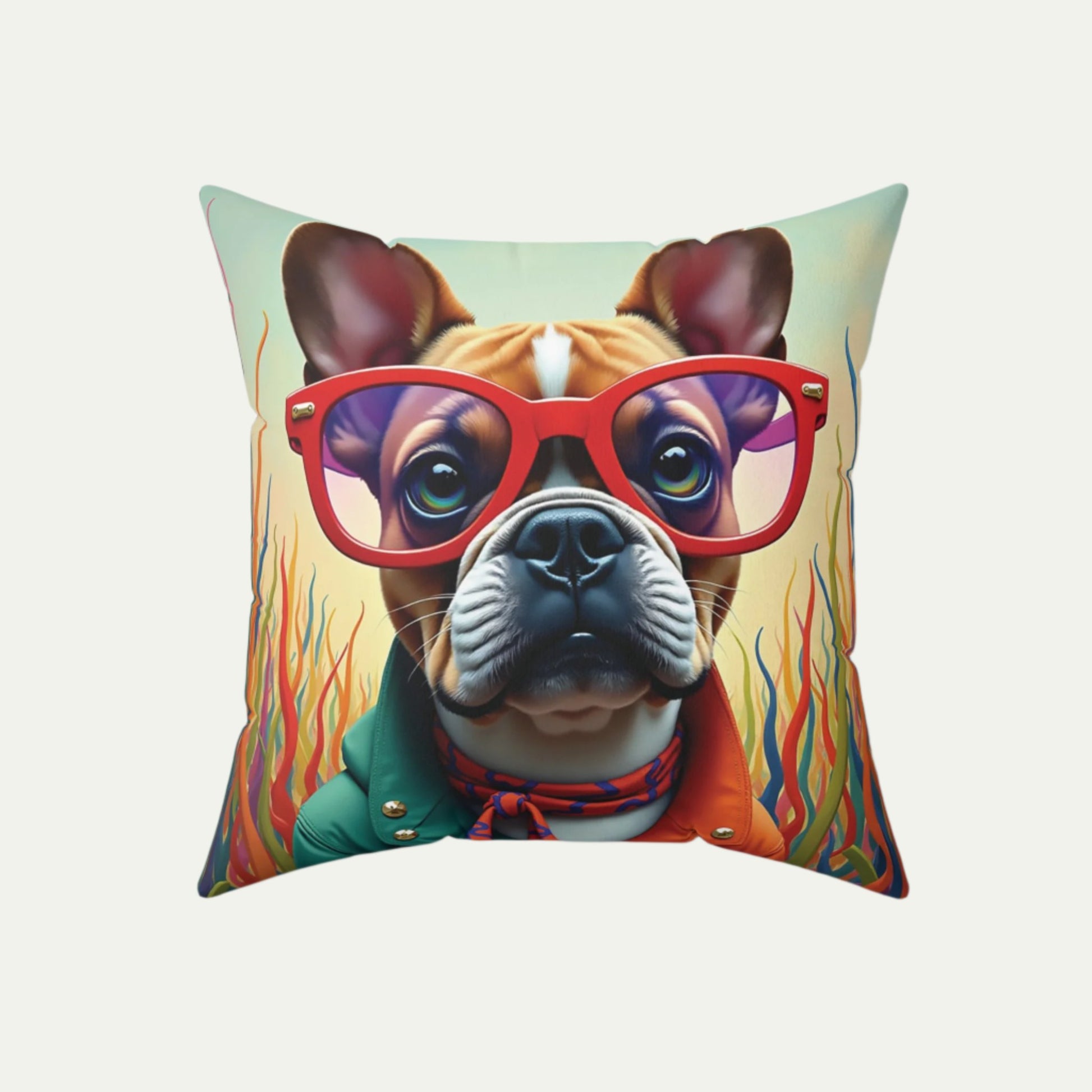 French Bulldog wearing glasses Square Accent Pillow, Deep Dark Teal  18 inch Front