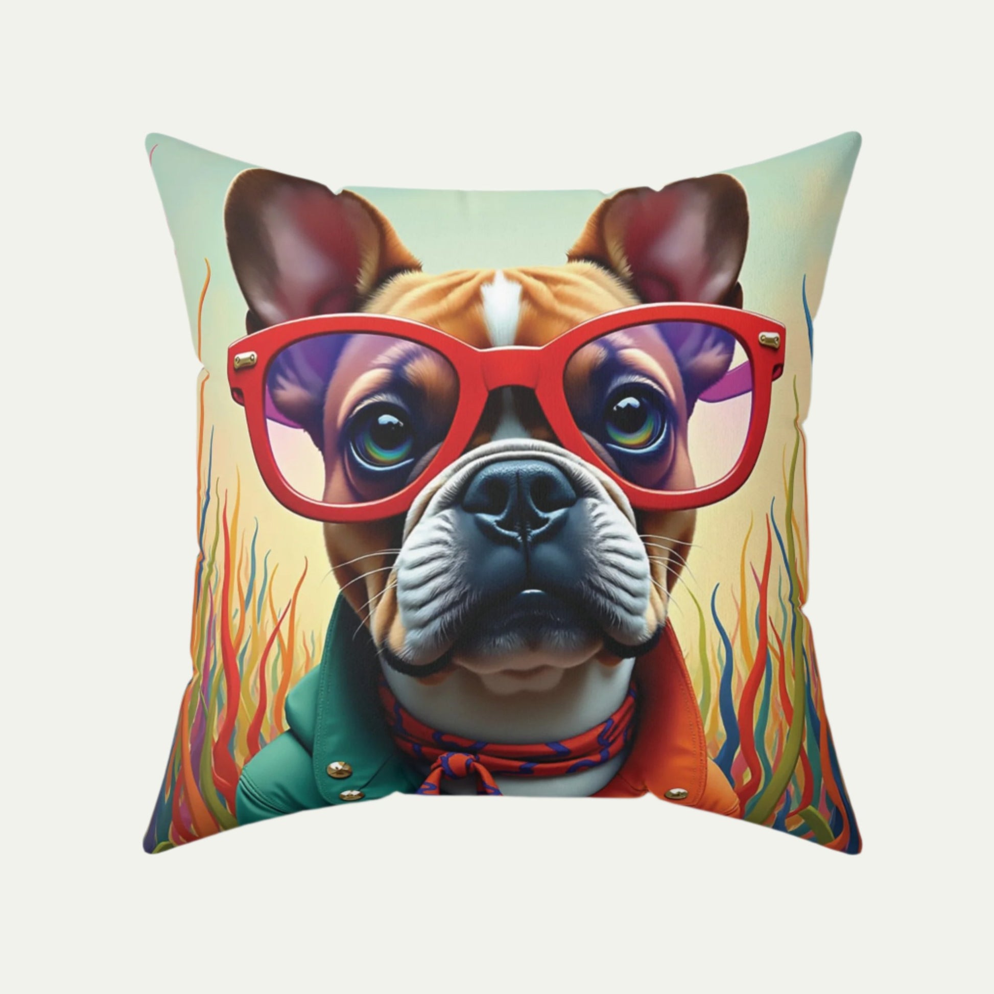 French Bulldog wearing glasses Square Accent Pillow, Deep Dark Teal  20 inch Front