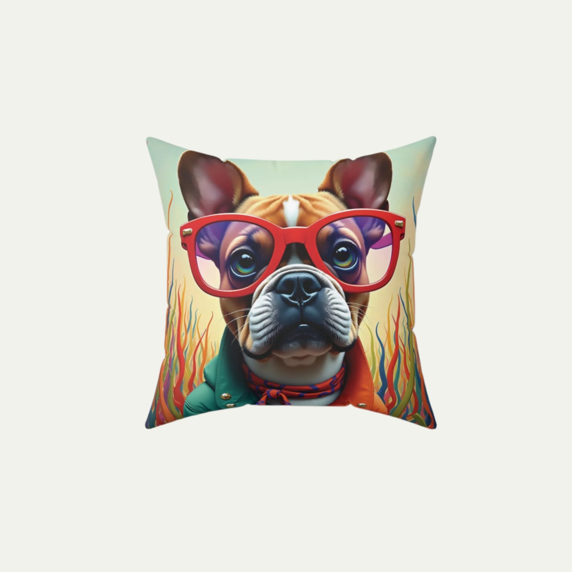 French Bulldog wearing glasses Square Accent Pillow, Outlandish Orange 14 inch Front