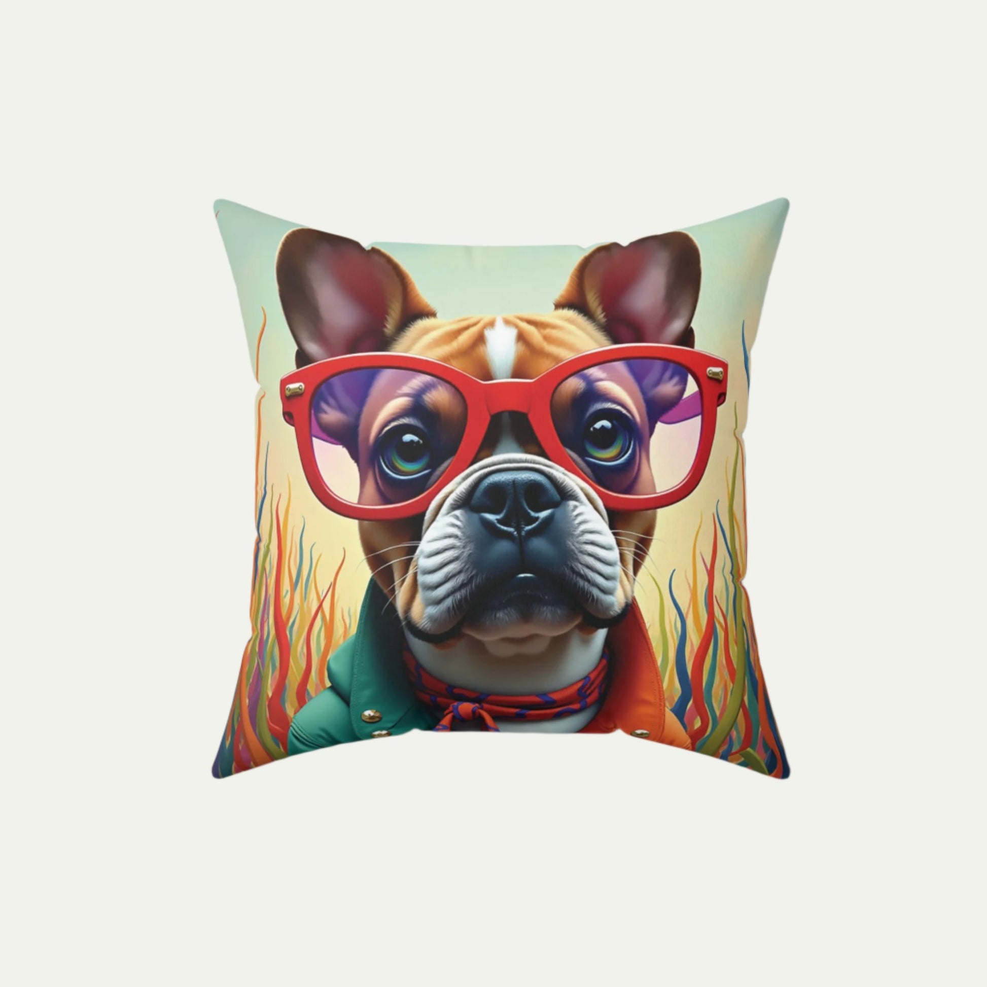 French Bulldog wearing glasses Square Accent Pillow, Outlandish Orange 16 inch Front