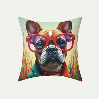 French Bulldog wearing glasses Square Accent Pillow, Outlandish Orange 18 inch Front