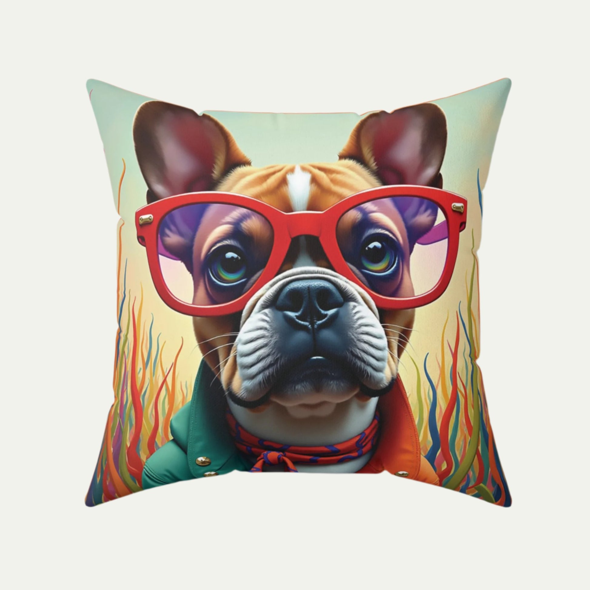 French Bulldog wearing glasses Square Accent Pillow, Outlandish Orange 20 inch Front